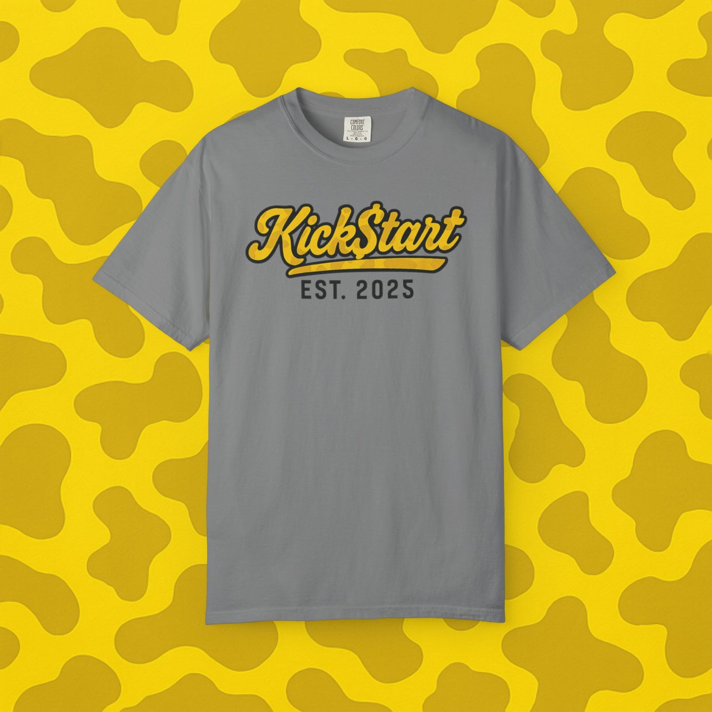 Kick$tart EST Yellow Camo Tee – High-Vis Moto Street Shirt