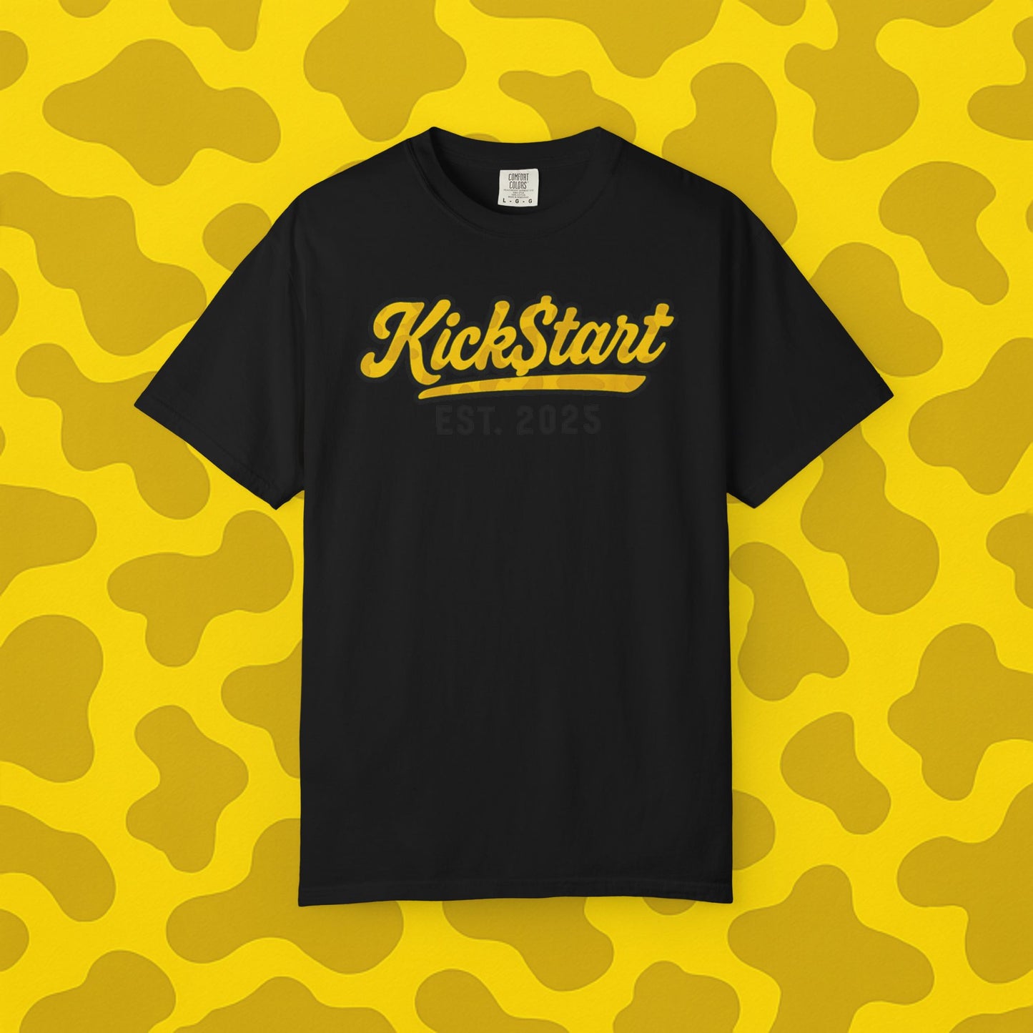 Kick$tart EST Yellow Camo Tee – High-Vis Moto Street Shirt
