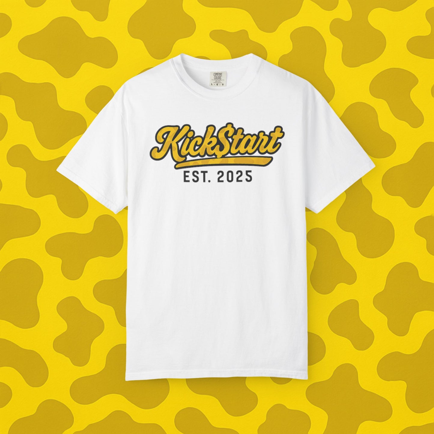 Kick$tart EST Yellow Camo Tee – High-Vis Moto Street Shirt