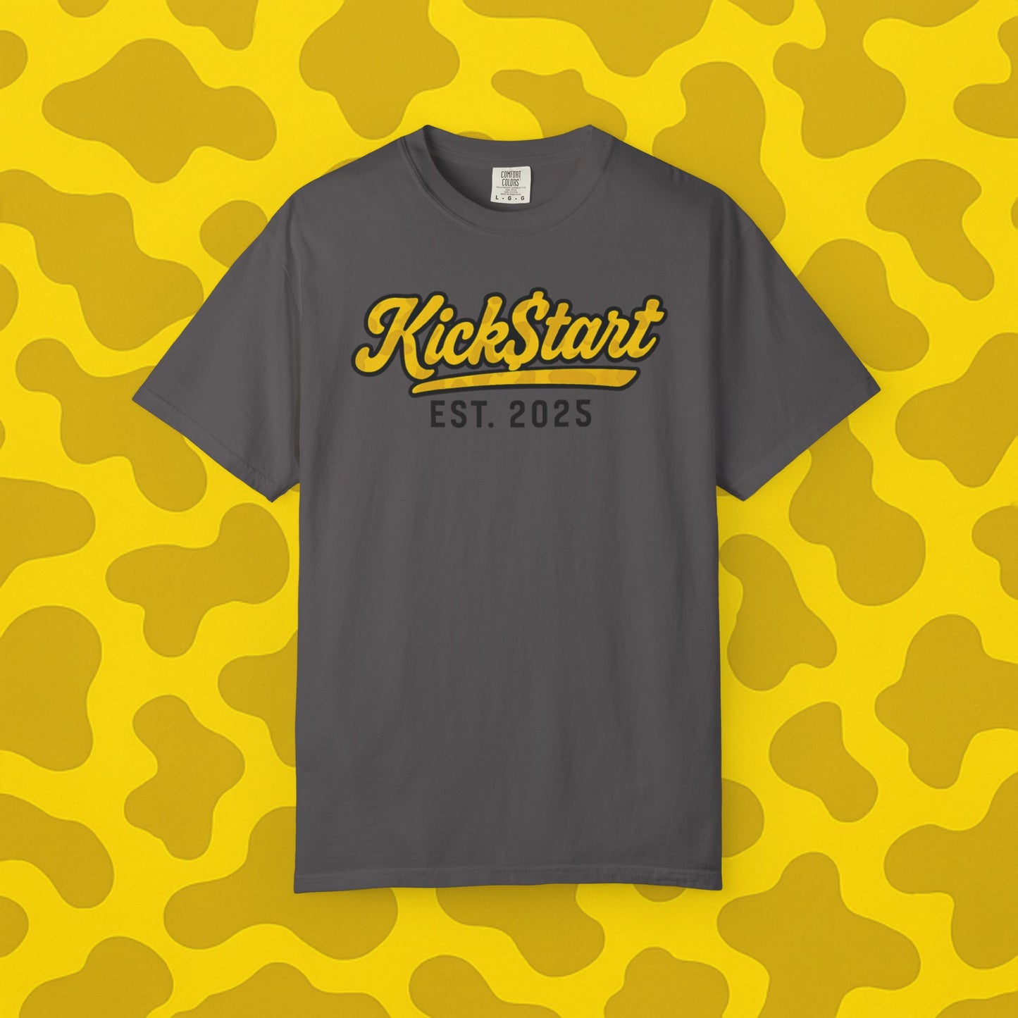Kick$tart EST Yellow Camo Tee – High-Vis Moto Street Shirt