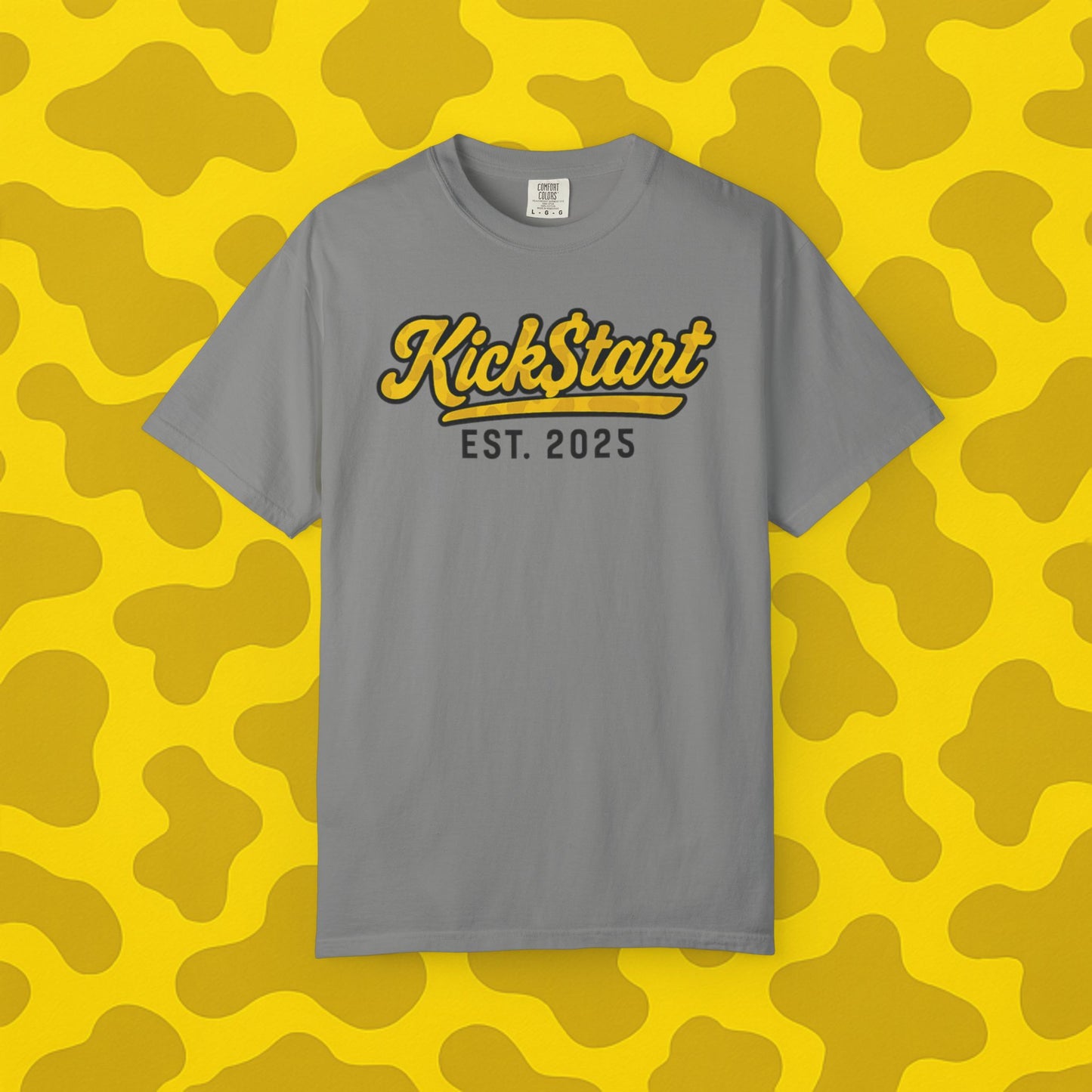 Kick$tart EST Yellow Camo Tee – High-Vis Moto Street Shirt