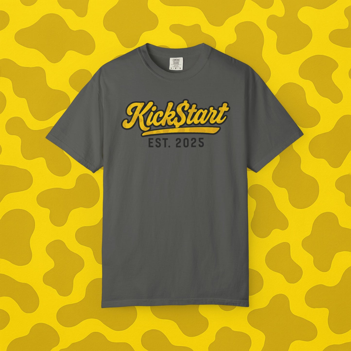Kick$tart EST Yellow Camo Tee – High-Vis Moto Street Shirt